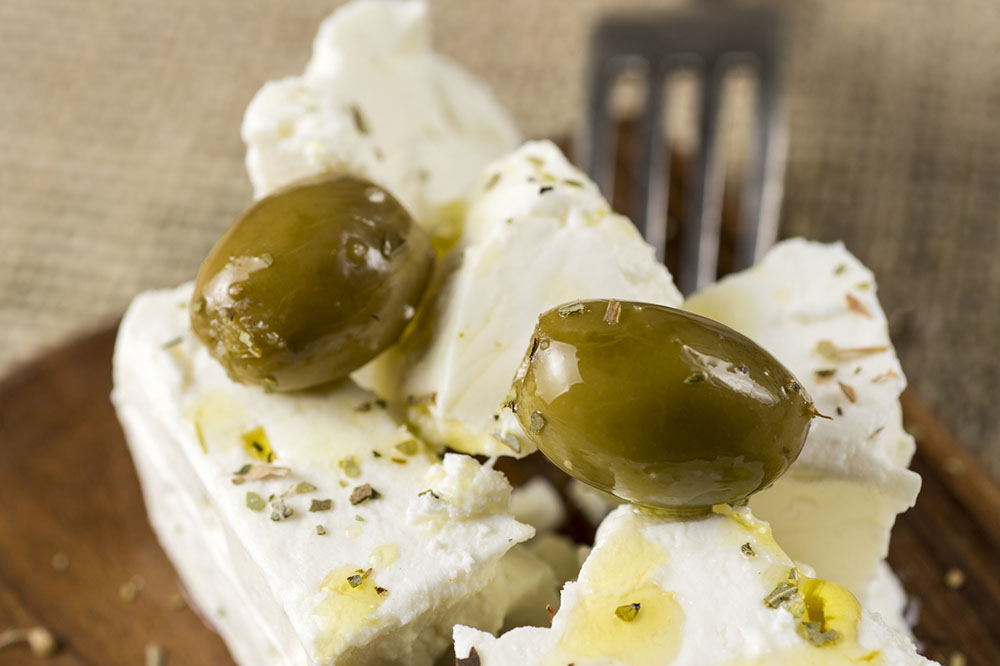 Greek Feta Cheese with Green Olives, Oregano and Olive Oil
